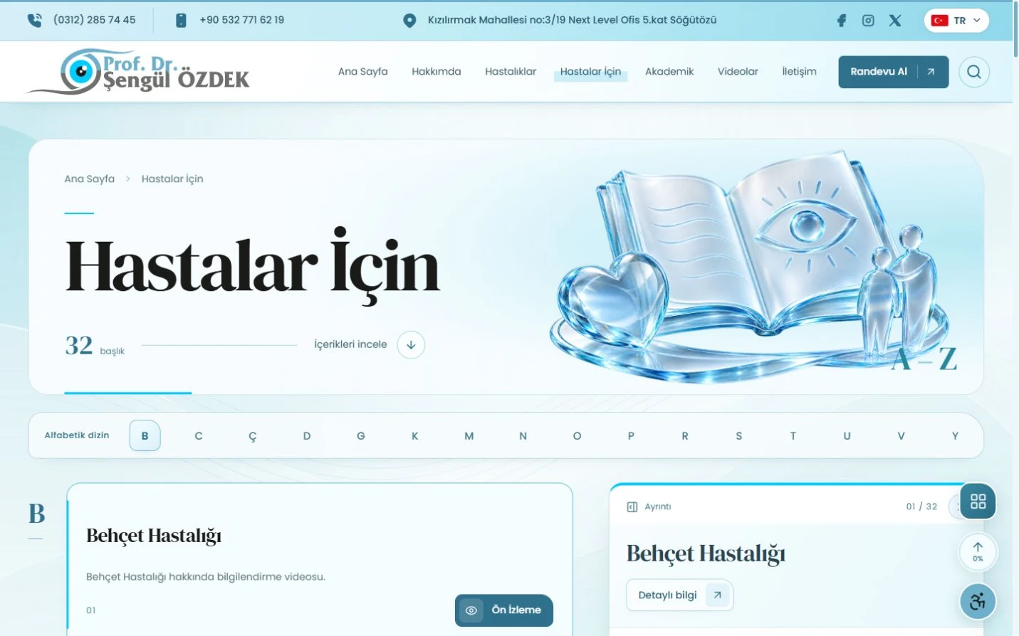 Şengül Özdek web sitesinde alfabetik dizin ve hasta bilgilendirme sayfası