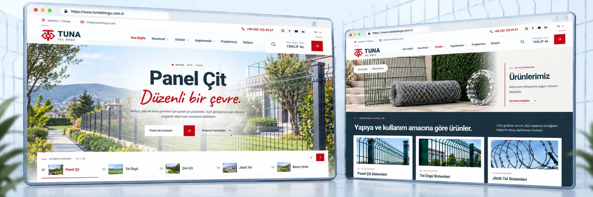 Tuna Tel Örgü ana sayfası ile ürün listesini gösteren iki ekranlı web tasarım sunumu