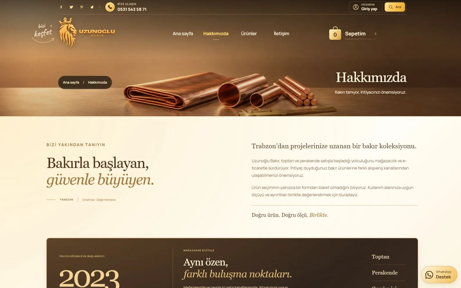 Uzunoğlu Bakır Hakkımızda sayfasında marka hikâyesi ve bakır ürün görselleri