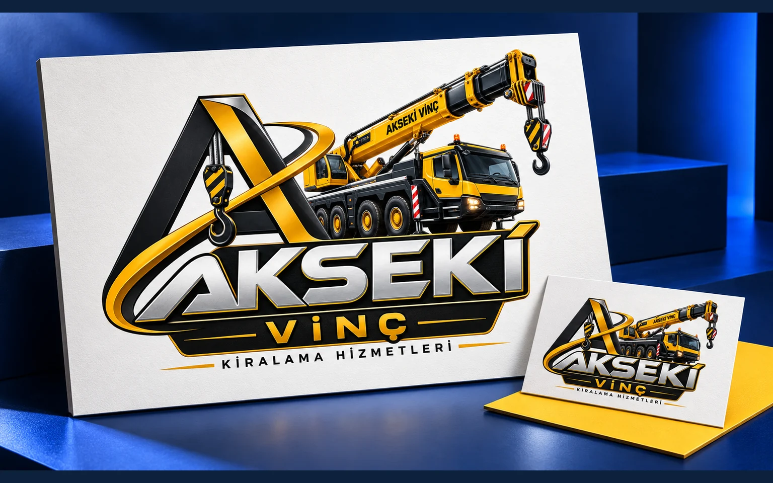 Akseki Vinç logosunun pano ve baskı kartları üzerindeki dijital maketi