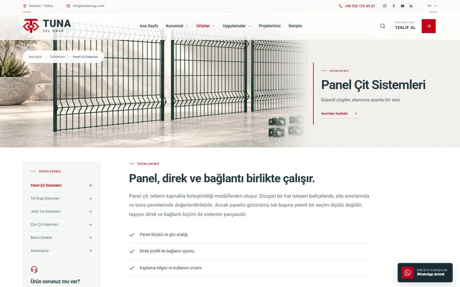 Panel çit ayrıntı sayfasında ürün bilgileri ve yan gezinme menüsü