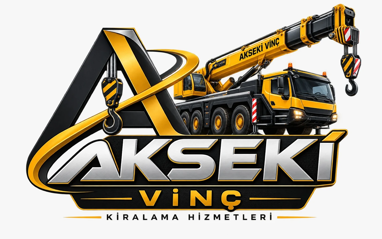 Akseki Vinç logosu; A amblemi, sarı mobil vinç ve Kiralama Hizmetleri yazısı