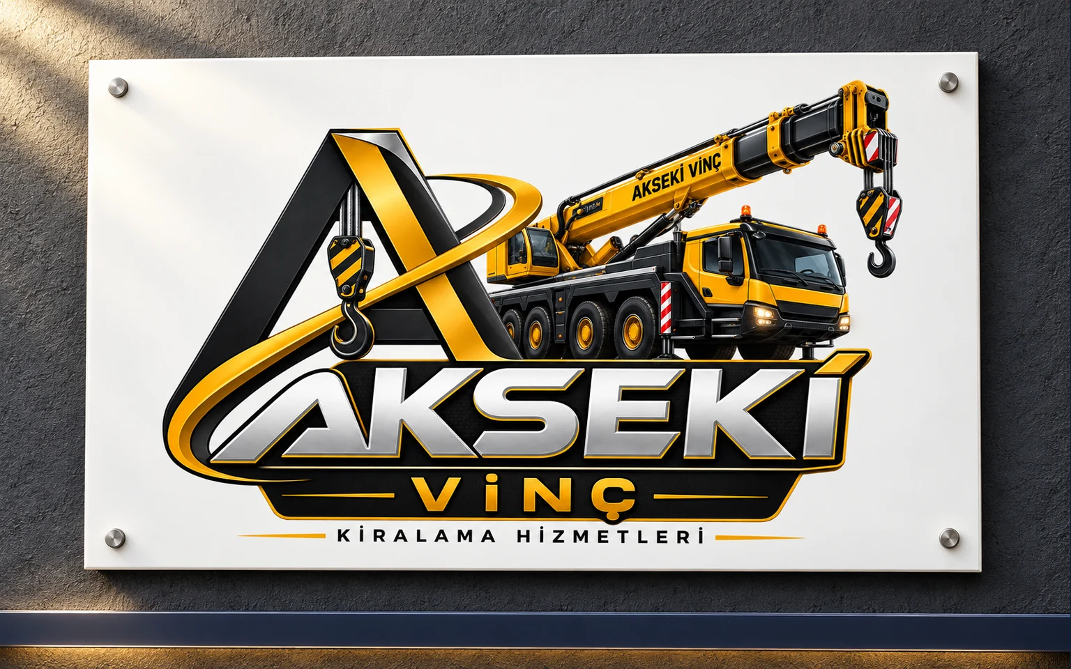 Akseki Vinç logosunun koyu duvar üzerindeki tabela uygulaması için dijital maketi