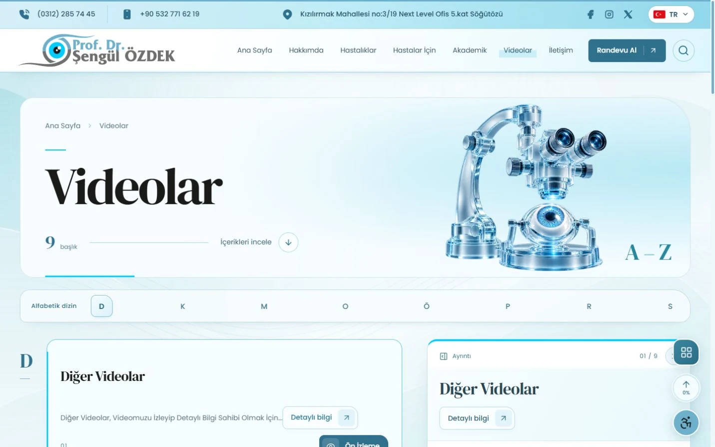 Şengül Özdek web sitesinin Videolar sayfası ve video içerik dizini