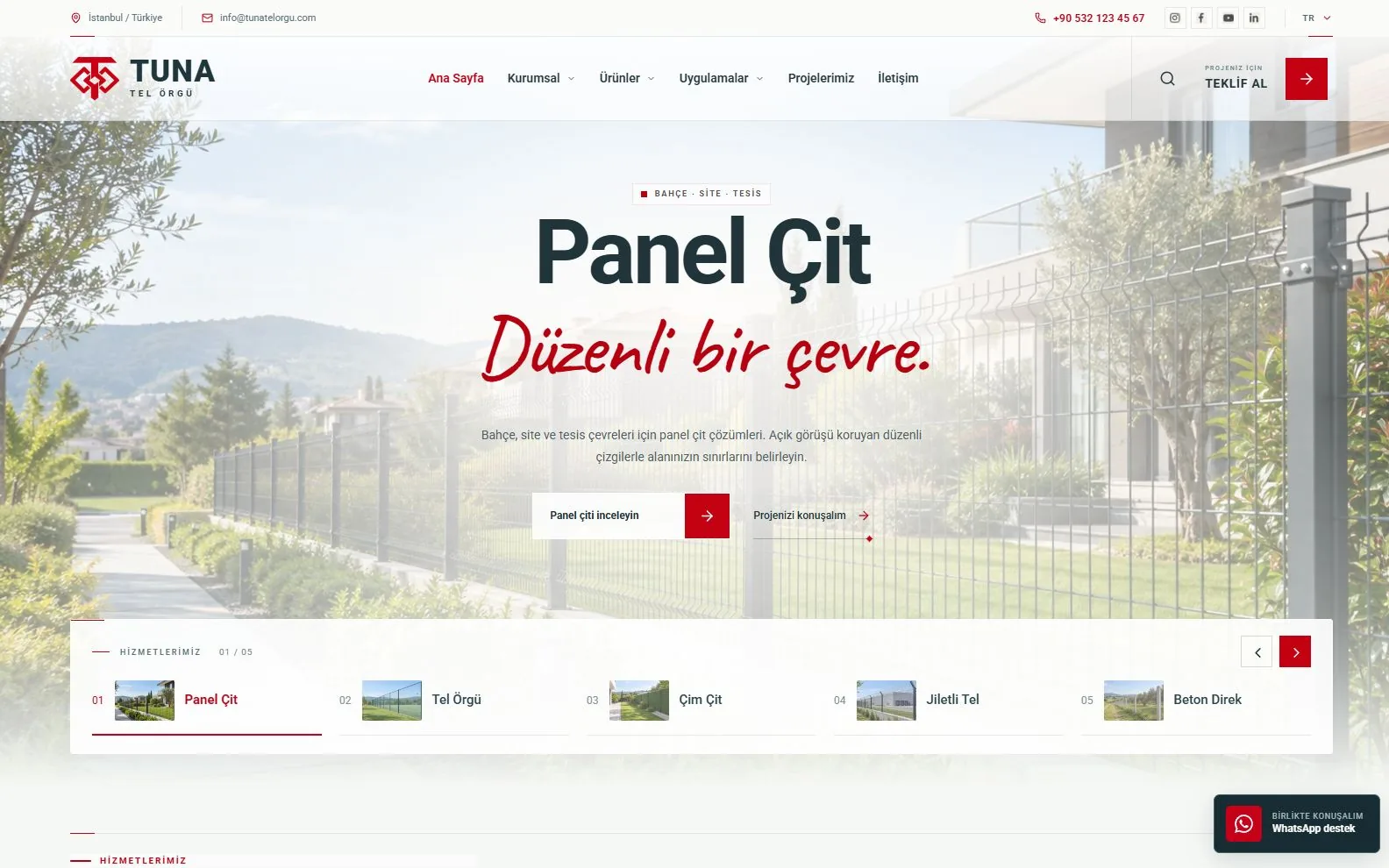 Tuna Tel Örgü ana sayfasında panel çit tanıtımı ve hizmet seçimi