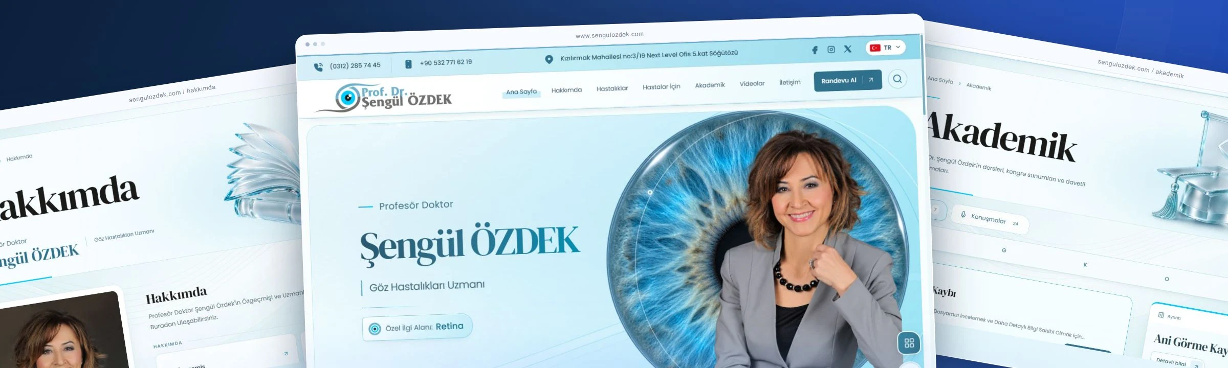 Şengül Özdek web sitesinin ana sayfa, Hakkımda ve Akademik ekranlarından oluşan katmanlı tasarım sunumu