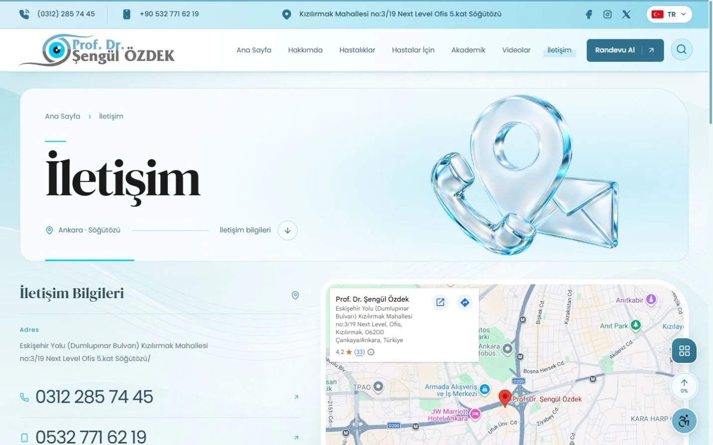 Şengül Özdek web sitesinin İletişim sayfası, iletişim bilgileri ve konum haritası