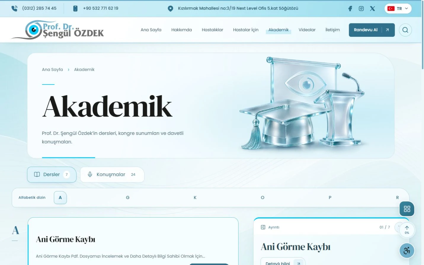Şengül Özdek web sitesinin Akademik sayfası, dersler ve konuşmalar bölümleri