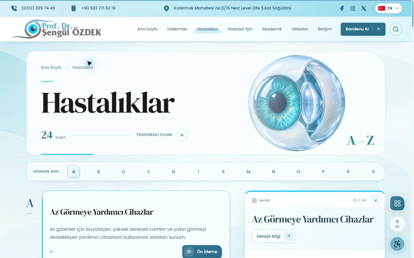 Şengül Özdek web sitesinin Hastalıklar sayfası ve alfabetik içerik dizini